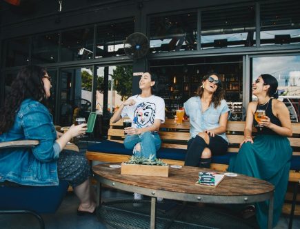 Foto de um grupo de mulheres que saíram do trabalho para o happy hour, todas com looks elegantes.